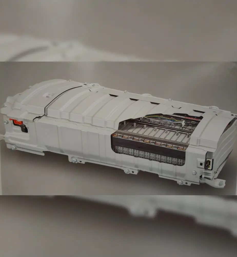 Hybrid car battery pack with exposed interior.